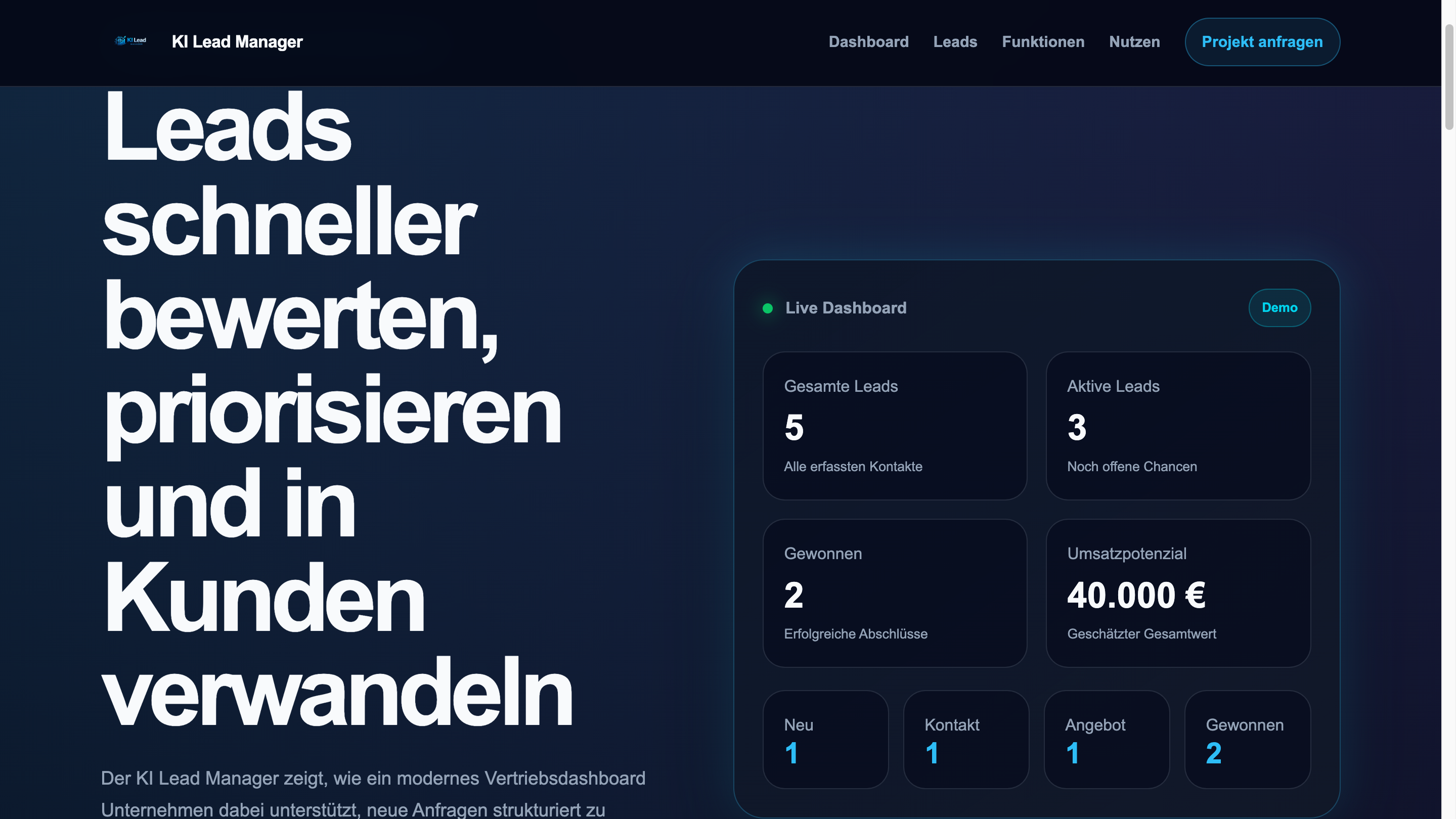 KI Lead Manager Dashboard Übersicht