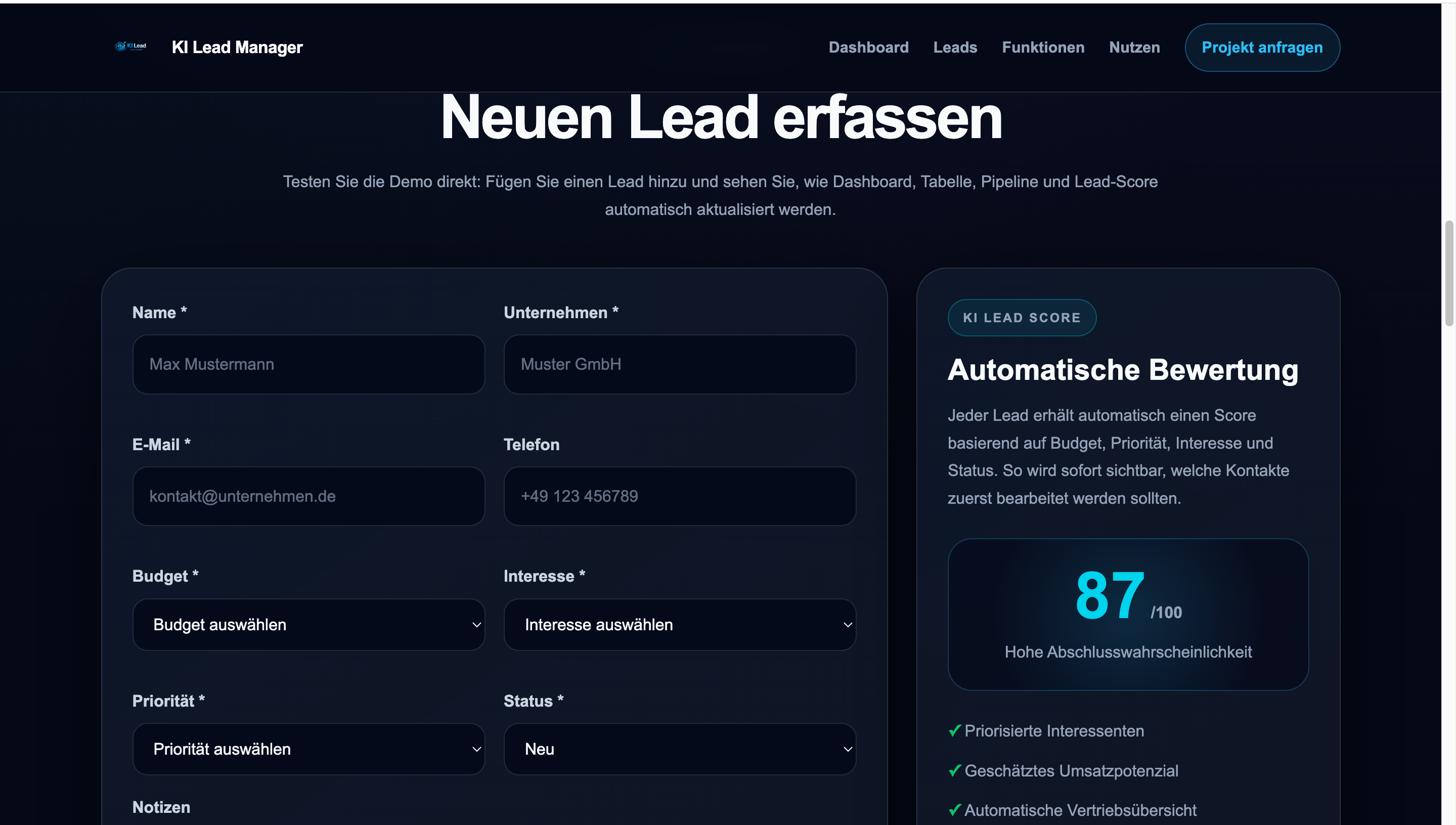 KI Lead Manager Lead Erfassung