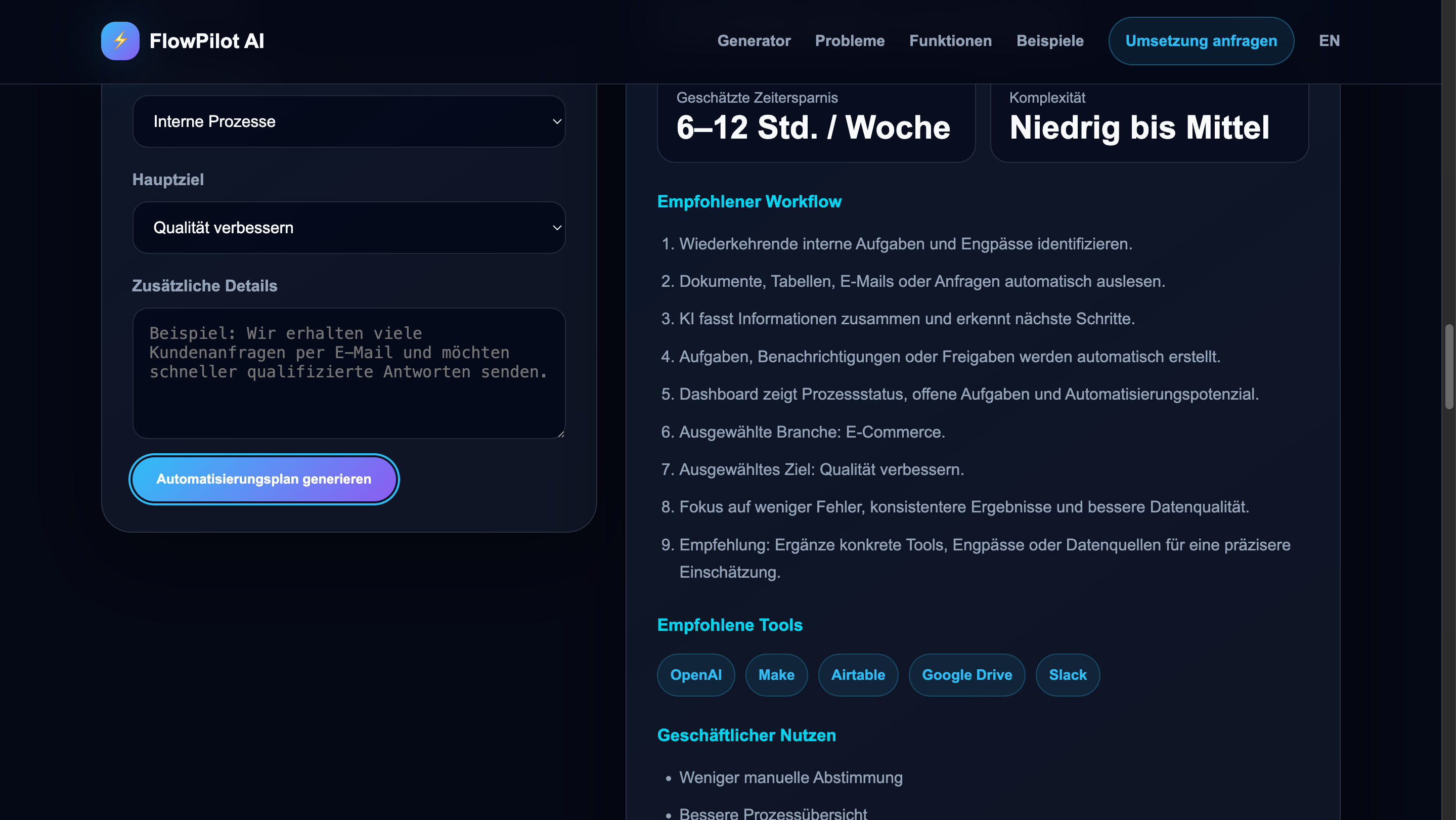 FlowPilot AI Automatisierungsplan Generator