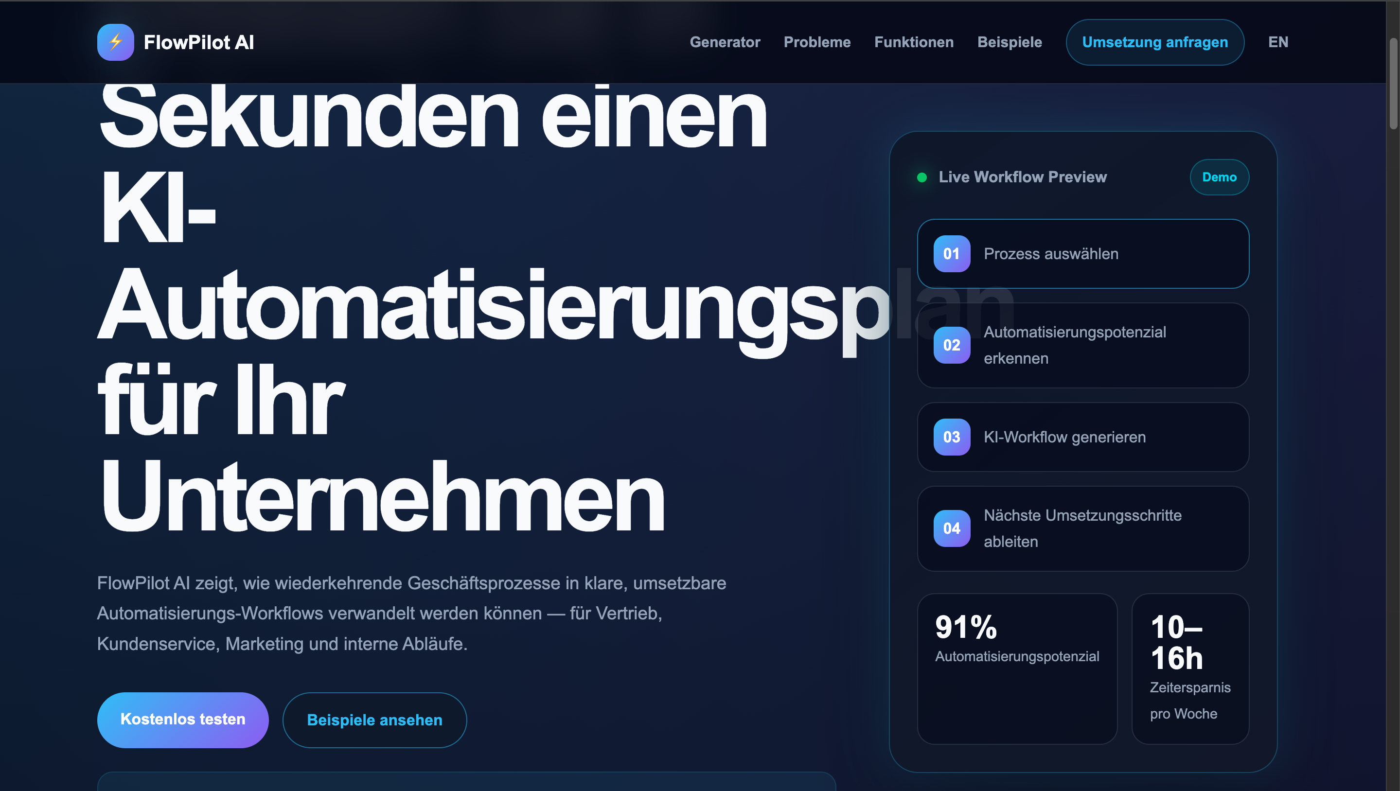 FlowPilot AI Startseite mit Workflow Preview
